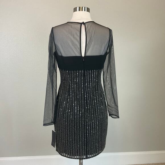 Aidan Mattox Beaded Long Sleeve Mini Sheath Cocktail Dress Black Size 4 - Picture 2 of 12